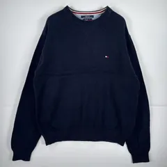 古着 90's/90年代 トミーヒルフィガー TOMMY HILFIGER 長袖 ニット ワンポイント 刺繍 クルーネック セーター 大きいサイズ XXL  ネイビー 無地 メンズ