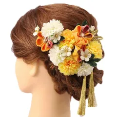 髪飾り 成人式 振袖 浴衣 卒業式 袴 結婚式 2点セット 黄 白 花 和 洋 かんざし 手作り 簪 つまみ細工 ちりめんフォーマル 花飾り 玉飾り ブライダル W 58 304-226 黄色 白 p760　Si