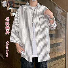 送料無料　シャツ 七分丈袖シャツ 七分袖 カジュアルシャツ 半袖 ひんやり 冷感 ストライプ メンズ トップス 快適 軽量 速乾性 ゆったり 夏服 大きめ 羽織り送料無料
