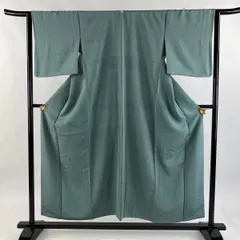 色無地 身丈154cm 裄丈64cm M 袷 地紋 灰緑 正絹 優品 一つ紋 【中古】