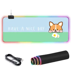 【迅速発送】AJAZZ 大型マウスパッド ゲーミング マウスパッド LED 発光 14RGBモード 7色の発光色 滑り止め 800*300*4mm (コーギー)