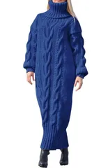 【ブルー】ワンピース ケーブルニット タートルネック 長袖 ロング 暖かい 秋冬 体型カバー おしゃれ