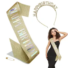 [LIKENNY] 誕生日 カチューシャ たすき ブローチ 3点セット バースデー ケーキ 飾り キラキラ HAPPY BIRTHDAY パーティーグッズ 記念日 子供 女の子 女性 お祝い 小道具 (ゴールド)