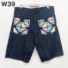 US古着 BLUES DENIM ブラック デニム ショートパンツ ワイド ひざ下 刺繍 Y2K W39 ビッグサイズ