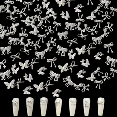 ネイルパーツ リボン 50個セット 3D立体 蝶結び 蝶々 メタルパーツ シルバー ジュエリーパーツ ハンドメイド ネイルアート デコパーツ DIY ランダム形 (A-シルバー)