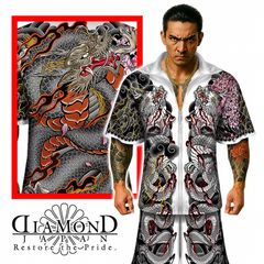 5月中旬頃入荷予定 和柄 刺青龍 総柄 半袖 セットアップ ジャージ DJ-222 和彫り 胸割 ヤクザ ヤンキー  オラオラ メンズ ファッション
