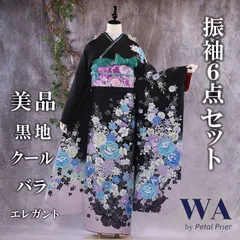 美品　振袖６点セット【黒×バラ】<!-利用不可文字-!>M<!-利用不可文字-!> FN-151