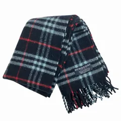 バーバリー ロンドン BURBERRY LONDON マフラー ストール ウール チェック フリンジ 紺 ネイビー ☆AA★ ■WYのサムネイル