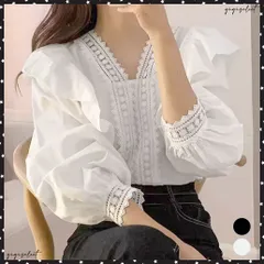 フリルブラウス レース切替ブラウス 薄手Vネックブラウス レディース 長袖ブラウス ゆったり フラワー刺しゅう トップス ガーリー 透かし彫り バルーンスリーブ大人フェミニン清楚 プルオーバー韓国風 きれいめブラウス夏