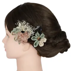 七五三 髪飾り 三歳 七歳 日本髪 花 2点セット 緑 ピンク ベージュ つまみ細工 菱つまみ カスミソウ レースリボン パッチン留 No.9-5425