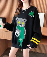 トレーナー ブラック クマ マフラー 緑 可愛い おしゃれ カジュアル 韓国 XXL 3L 大きいサイズ 大きめ ゆったり 着痩せ レディース メンズ グリーン 熊 黒 スウェット パーカー 海外 韓国 激安 送料無料 部屋着 ルームウェア ストリート 派手