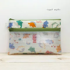 ダブルファスナーポーチ　恐竜　ラミネート　お薬手帳ケース　通帳ケース