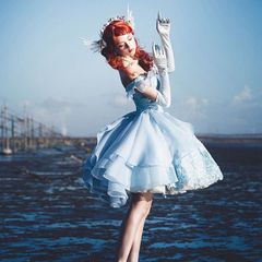 ロリータ ワンピース 長袖 コスプレ 衣装 人魚 ジャンパースカート ハロウィン 仮装 クリスマス  コスプレ衣装  貴族風  ジャガード レース チュール 姫 ドレス ゆめかわいい 萌え 森ガール ボリューム lolita cosplay パーティー