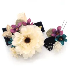 髪飾り ２点セット 紫 紺 リボン レース 蝶々 牡丹 スミレ 成人式 花 和風 浴衣 着物 振袖 袴 ドレス 七五三 子供 結婚式 卒業式 入学式 ヘアコーム ヘアアクセサリー 日本製 送料無料 ムラサキ W 65 324-365 u901　Si