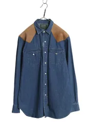 【お得なクーポン配布中!】 80s USA製 ★ ポロカントリー ラルフローレン デニム ウエスタン シャツ メンズ M ヴィンテージ 当時物 本革 スウェード レザー 長袖シャツ