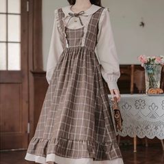 【新品】レトロガーリー♡チェック柄フェイクツーピースワンピース レディース ワンピース チェック柄 レトロ 可愛い 襟付き セットアップ 人気 おすすめ　E1466