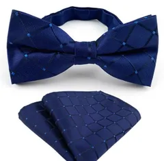 ネイビー チェック柄 蝶ネクタイ ポケットチーフ　2点セット　ワンタッチ　ネクタイ　結婚式　イベント　ビジネス　パーティー　ダンスパーティー　バーテンダー　成人式　卒業式　入学式　入園式　入社式　父の日　七五三祝い　ネイビー　ブルー　チェック柄　ドット柄　水玉