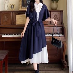 【新品】フェミニン♡バイカラー切り替えフレアワンピース レディース 春夏 バイカラー ワンピース 半袖 フレア レイヤード 秋 ロング カレッジスタイル フェミニン エレガント 大人可愛い ネイビー　F0649