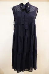 3619★タグ付き kaene/カエン インナーキャミ付き ドビーシフォンティアードワンピース ノースリーブ ドレス 結婚式 ネイビー 38サイズ★