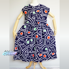 浴衣リメイク ギャザーワンピース 濃紺 幾何学模様 花柄 フレンチスリーブ 綿 | Yukata Remake Dress Navy Blue Geometric Pattern Flower #2505-028