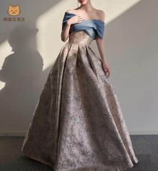 新品 未使用 カラードレス カクテルドレス ロングドレス ブルー系 パーティードレス オフショルダー 半袖 結婚式 二次会 発表会 演奏会 ステージ イブニングドレス 花柄 前撮り レトロ 1012のサムネイル