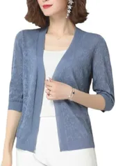 3MDGHD カーディガン レディース 7分 丈 袖 薄手 レース 冷房 対策 日除け V ネック 羽織 軽い ボタン なし おしゃれ かーでぃがん オフィス カジュアル シアー 涼しい 上着 サマー 定番(ブルー,  Free Size)