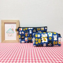 ポーチ(和柄＊招き猫＊紺色)