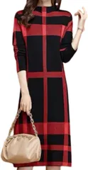 Elixio エリクシオ あったか ワンピース ニットワンピース チェック 柄 レディース 長袖 タイトスカート ミモレ丈 厚手 きれいめ 体型カバー 冬 大きいサイズ デート クリスマス(レッド,  3XL)