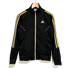 古着 極美品 adidas アディダス CLIMA LITE 黒×金 フルジップトラックジャケット ジャージ UV CARE レディース M トラックジャケット・トラックジャージ・フルジップ・ポケット左右にあり・胸ロゴ刺繍・スリーライン・オールシーズン