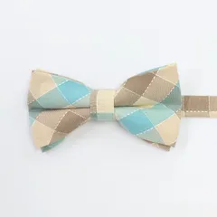 1蝶ネクタイ　ベージュ　ライトブルー　チェック　結婚式　新郎新婦　タキシード