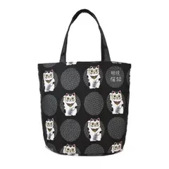 クスグルジャパン コブラン織りバッグ トートバッグ めがね猫招き柄 チャコール 25-8172