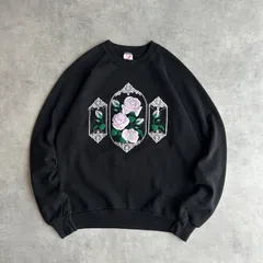 90s/JERZEES/ジャージーズ/ラグランスウェット/USA製/アメリカ製/アートフラワー/発泡プリント/フローラル/バラ/薔薇/L/ブラック/黒/jmaple