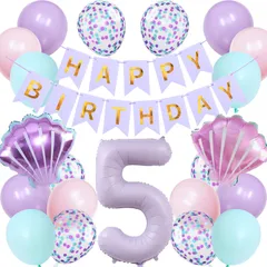 【人気商品】BIRTHDAY バースデー ガーランド HAPPY バースデー 飾り付け 風船セット 数字5 シェル 5歳 装飾 お祝い 誕生日 イベント 子ども バルーン 男の子 女の子 Lausatek パープル