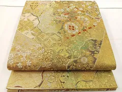 袋帯 金彩 美しい加工 唐織 正絹 AO-3645 袋帯 美品 秀品 加賀五彩美文様 金糸 箔 金色 六通 正絹 【中古