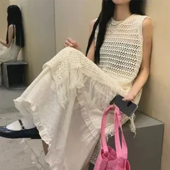 ワンピース   ベスト ノースリーブ ニットソー レディース トップス 夏 サマーニット シースルー 透かし彫り 透かし編み 個性的 アウター プルオーバー 無地カジュアル 旅行 おしゃれ ファッション 新作 重ね着 レイヤード yunshali01