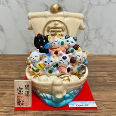 【瀬戸焼】七福猫宝船 クリーム 招き猫 開運 縁起物 置物16.5cm Maneki Neko Seven Lucky Cat Treasure Ship Seto Ware