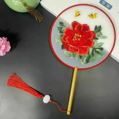 高級団扇　うちわ　両面刺繍　ししゅう　扇子　シルク素材　上品手芸　中国伝統刺繍　赤牡丹①