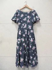 【美品】JILL STUART ジルスチュアート ワンピース 半袖 フラワープリント ドット リボンベルト付き 半袖 裏地付き ネイビー サイズ4