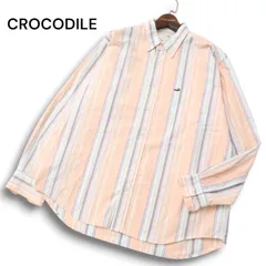 【美品】 CROCODILE クロコダイル 通年 ワニ ロゴ刺繍★ 長袖 ボタンダウン ストライプ シャツ Sz.LL メンズ 大きいサイズ