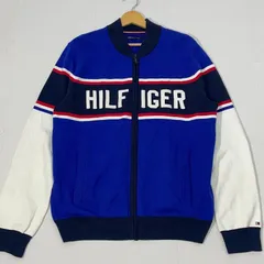 TOMMY HILFIGER トミーヒルフィガー ジップアップニット タグ付 セーター ジャケット ライトアウター フロント刺繍 オーバーサイズ ビックシルエット CHINA製 L/Gサイズ ブルー ホワイト