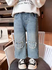 デニムパンツ 女の子 子ども服 子ども クマ柄 ウエストゴム ジーンズ ズボン デニムパンツ キッズ おしゃれ 長ズボン デニム 通学着 旅行 お出かけ 子供パンツ KTFC072(90-140)