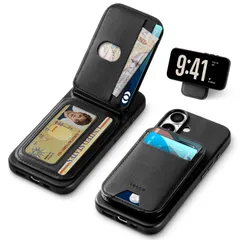 【数量限定】対応) 6.1インチ ブラック あいふぉん16 (2024年発売 アイフォン16スマホケース PU合皮 横置きスタンド機能 [RFIDブロッキング] ワイヤレス充電対応 磁気吸着 取り外し可能 薄型 軽量 背面カード収納 あいふぉん16ケース 折畳