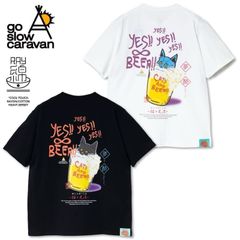 新品 メンズ ゴースローキャラバン go slow caravan 半袖 Tシャツ 半袖Tシャツ ティーシャツ 猫と麦酒 ネコ 猫 ビール ユニセックス レディース 白 ホワイト 黒 ブラック 麦酒風呂