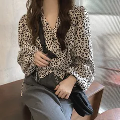 レオパード柄 ブラウス シャツ 長袖 Vネック ラップ風 ウエストリボン 体型カバー レディース きれいめ 韓国ファッション 大人 上品 トップス 春 秋 かわいい アニマル柄 シフォン風 おしゃれ 20代 30代 40代 コーデ [1026]