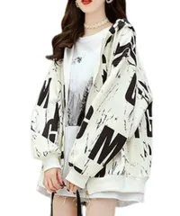 [Dep Club] 華奢見せ パーカー レディース ゆったり ロングパーカー ジップパーカー 大きいサイズ オーバーサイズ 薄手 韓国 韓流 韓国風 春 秋 春秋 秋冬 春服 柄 アウター (L, ホワイト) [ホワイト] [L Regular]
