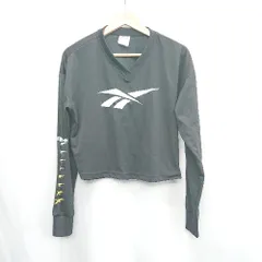 ◇ ⊇ Reebok リーボック Vネック ブランドロゴプリント 長袖 ロンT サイズS ブラック ホワイト レディース E  【1502060027540】