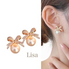 ピアス ゴールドストーンリボンパール 結婚式 フォーマル 韓国 きれいめ 901