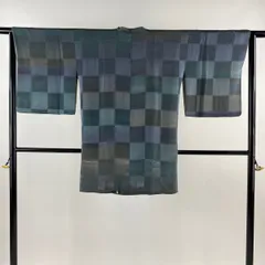 道行 身丈89cm 裄丈64cm M 和装コート 角衿 落款 市松 ぼかし 深緑 正絹 美品 秀品 【中古】