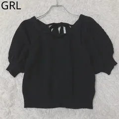 グレイル　パフスリーブニット　バックリボン　リブ編み　スクエアネック　フェミニン　カジュアル　ブラック　Fサイズ