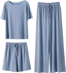グリーンパキラ レディース ルームウェア パジャマ 可愛い ナイトウェア 上下セット 半袖 寝巻き 薄手 接触冷感 旅行 トラベル 入院 プレゼント ギフト 女性 婦人 シニア ウエストゴム ショートパンツ(ブルー,  Free Size)